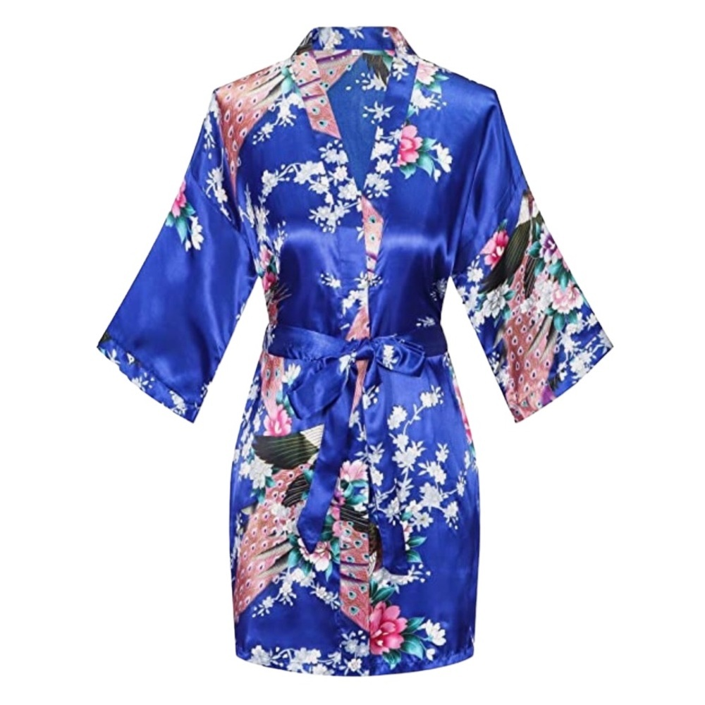Kimono floral long sleeve blue wrap around dress size XL